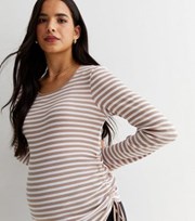 New Look Maternity Off White Stripe Ribbed Jersey Ruched Long Sleeve Top
